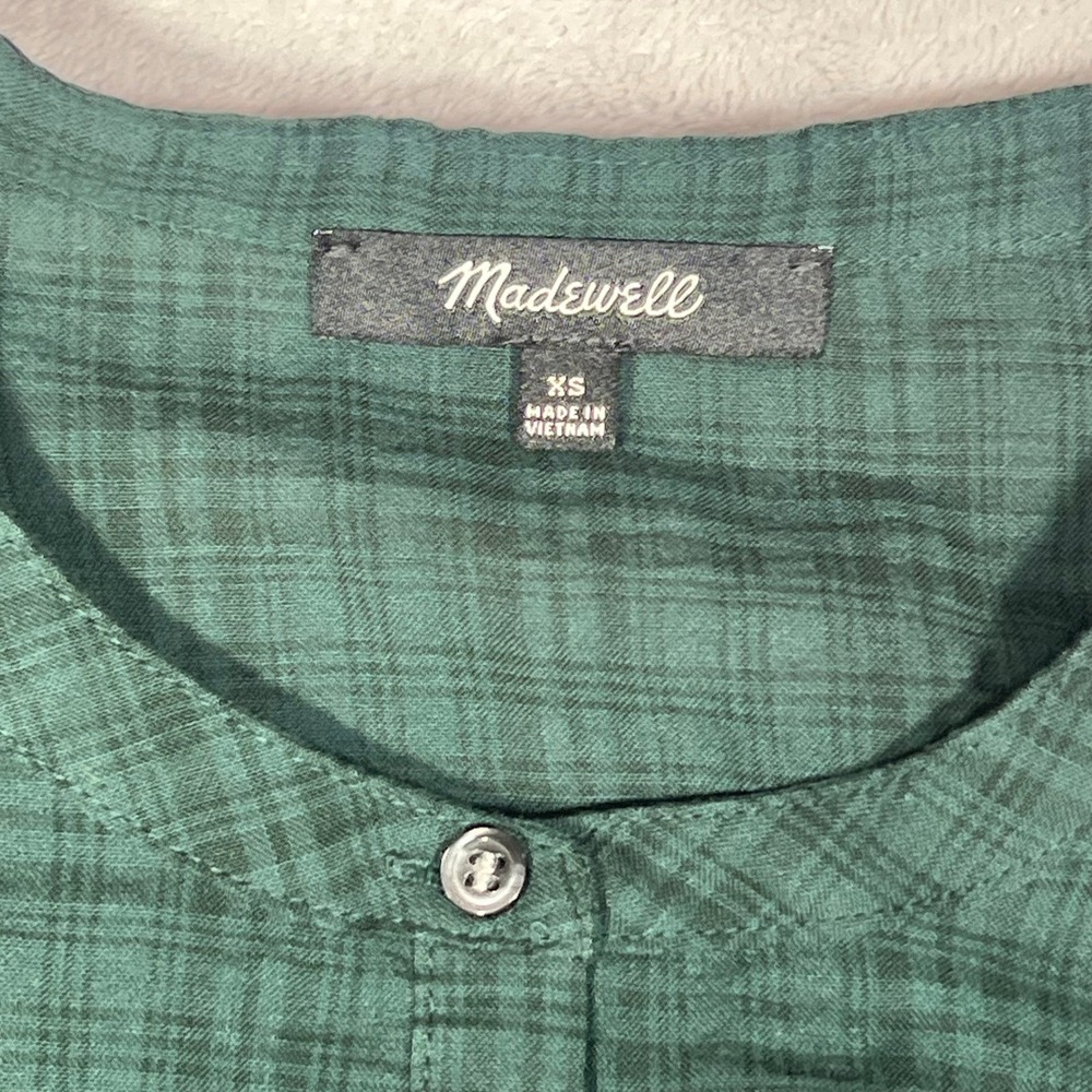 Madewell Womens XS Green Blouse Plaid Band Collar Button Front Long Sleeve - Picture 2 of 6